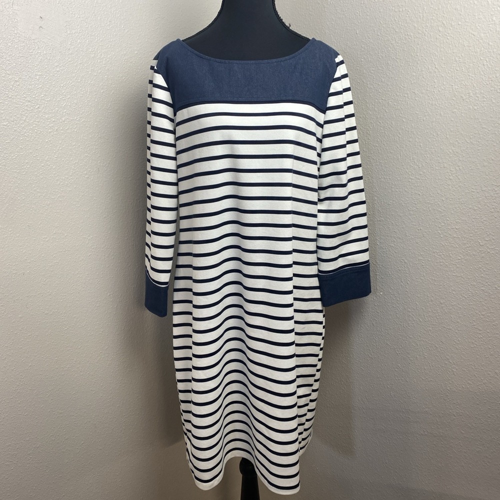 Sandra Darren Dress Women's 16 Striped Round Neck Nautical Vacation 3/4 Sleeve